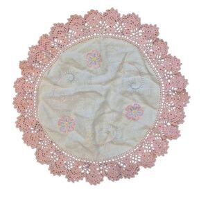 Doily, Vintage, Pink Crochet with Embroidery 12"